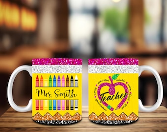 Faux Glitter Teacher Coffee 11oz Mug, Personalized Teacher 11oz Mug Wrap Png, Pink Teach Love Inspire, Teacher Heart Pencil 11oz Mug Wrap