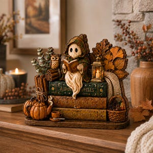 Könnte beinhalten: Eine dekorative Figur, die einen Geist mit karierter Kapuze beim Lesen eines Buches zeigt, platziert auf drei Büchern mit den Titeln Aurora Spells, Folklore Tales und Harvest Recipes. Sie enthält eine kleine Eule, eine Laterne, Kürbisse und einen Korb.