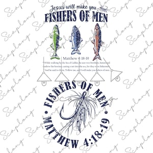 Op de afbeelding: Een wit grafisch ontwerp met de tekst "Jesus will make you FISHERS OF MEN" boven drie visillustraties. Daaronder de tekst "Matthew 4:18-19" en een vishaakontwerp met de woorden "FISHERS OF MEN" en "Matthew 4:18-19".