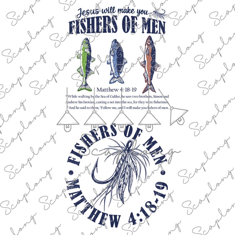 Op de afbeelding: Een wit grafisch ontwerp met de tekst "Jesus will make you FISHERS OF MEN" boven drie visillustraties. Daaronder de tekst "Matthew 4:18-19" en een vishaakontwerp met de woorden "FISHERS OF MEN" en "Matthew 4:18-19".