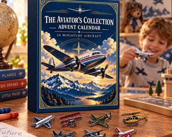 May include: A blue rectangular advent calendar box titled The Aviator's Collection 24 Miniature Aircraft, featuring a vintage airplane illustration over mountains. Seven small metal toy aircraft are arranged on the wooden surface.