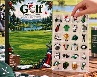 May include: A 2026 Golf Countdown advent calendar box featuring a golf course scene and 24 days of golf surprises. Beside it, a clear plastic tray holds 24 small golf-themed charms, including clubs, balls, trophies, and apparel.