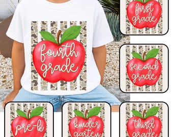 Retro Stripe Camo Teacher Apple PNG Bundle, Camo Back To School Png, Pre-K to Fourth Grade Png, First Day of School Png, School Boy Png