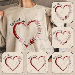 Bundle personnalisé coeur de maman chien avec nom d'enfant Png, maman amour Png, joyeuse fête des mères Png, empreinte de patte personnalisée, chien maman Saint-Valentin, cadeau pour amoureux des animaux de compagnie