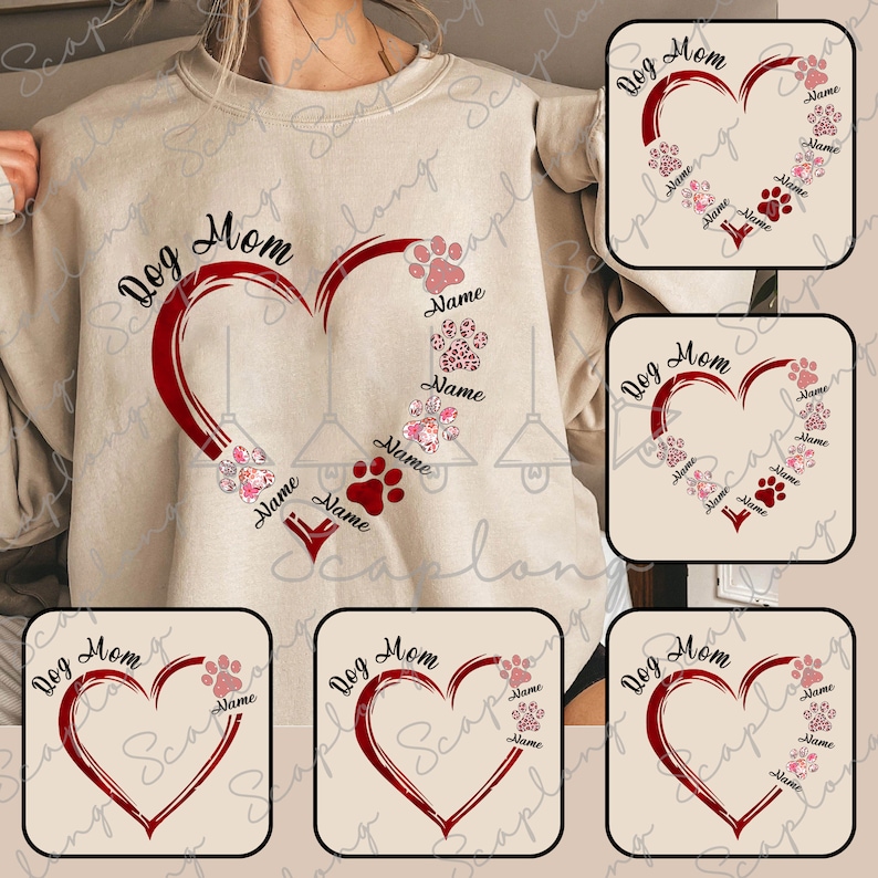 May include: A digital design featuring a red heart with a paw print design. The text "Dog Mom" is above the heart. The design is perfect for a t-shirt or other apparel.