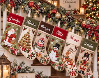 May include: Six personalized Christmas stockings hanging on a staircase railing. Each stocking features a unique embroidered character: Santa, a Christmas tree, a penguin, a snowman, a reindeer, and a nutcracker, with names embroidered on the cuffs.