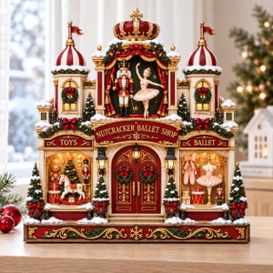 くるみ割り人形バレエショップ 2D 木製ブロック、お祝いのクリスマス卓上装飾、ホリデーマントル装飾、冬の村の装飾、彼女へのギフト
