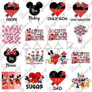 May include: A set of 12 Valentine's Day themed digital designs featuring Mickey Mouse and Minnie Mouse. The designs include hearts, text, and images of the characters. The text includes "Mom", "Mickey", "Only Son", "Only Daughter", "XOX", "Coffee is my Valentine", "His Minnie", "Sugar", "Dad", and "Walt Disney World".