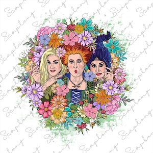Retro Floral Halloween Png, Happy Halloween Png, Halloween Witch Png, Witches Sisters, Trick Or Treat Png, Autumn Flower Sublimation Design