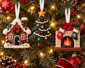 May include: Three felt Christmas ornaments hanging from white ribbons. The left is a gingerbread house with white icing and a wreath. The center is a green Christmas tree with colorful baubles. The right is a fireplace with stockings and a fire.