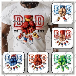 Benutzerdefinierter Vater Est mit Kindernamen Png, benutzerdefinierte bis zu 6 Kinder, die die Hand des Vaters halten Png, Vatertag Faust Bump Png, Super Papa und Kinderhände Png