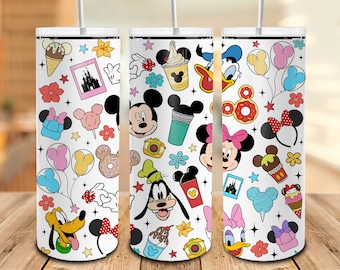 Bebida y comida 20 oz Vaso flaco Png, Aperitivo mágico, Vacaciones familiares Png, Reino mágico, Modo vacay, Ratón y amigos Tumbler Wrap Png