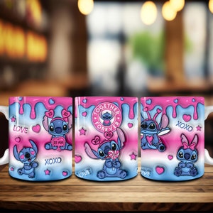 3D Inflated Love XOXO Valentine 11oz Mug Wrap Png, Cartoon Valentine 11oz Mug Wrap Sublimation, 3D Puff Pink Happy Valentines Day Coffee Mug