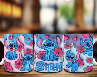 Lindo San Valentín 11oz taza envoltura Png, 3D inflado azul San Valentín 11oz taza envoltura, 3D Puffy dibujos animados taza de San Valentín, feliz día de San Valentín vaso Png