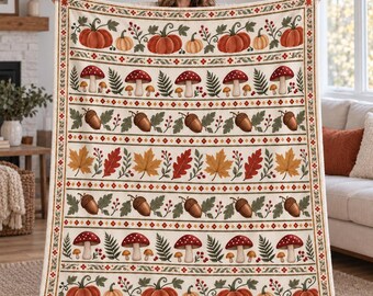 Pumpkin Acorn Leaf Mushroom Fleece Blanket, Rustic Autumn Harvest Blanket, Farmhouse Fall Decor, Fall Bedding Blanket, Thanksgiving Gift