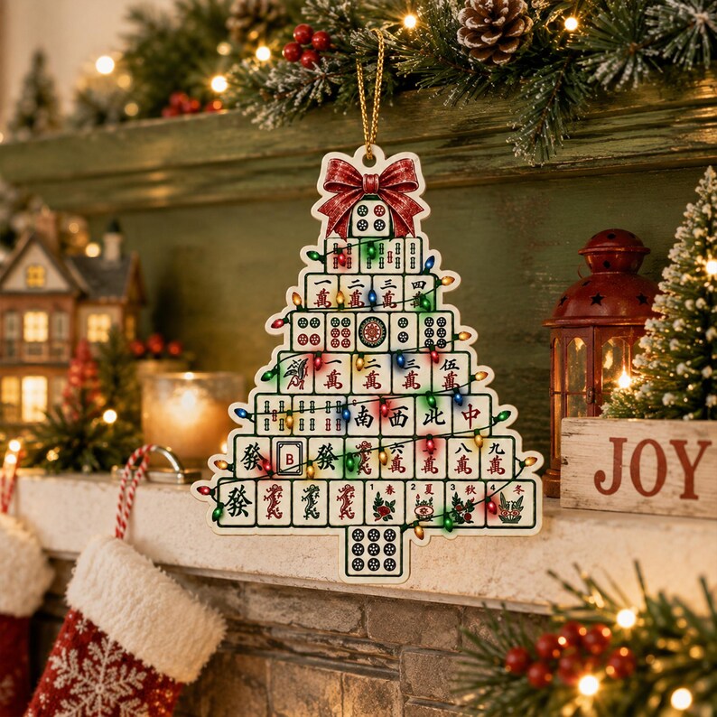 May include: A flat, tree-shaped Christmas ornament constructed from a grid of Mahjong tiles. The tiles are arranged in a triangular pattern, topped with a red glittery bow and draped with a string of small, multi-colored LED Christmas lights.
