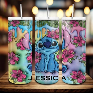 Nombre personalizado Diseño de vaso PNG, Envoltura de vaso de flores, Sublimación de diseño de café hinchado 3D, Dibujos animados inflados en 3D 20oz Flaco Vaso Png