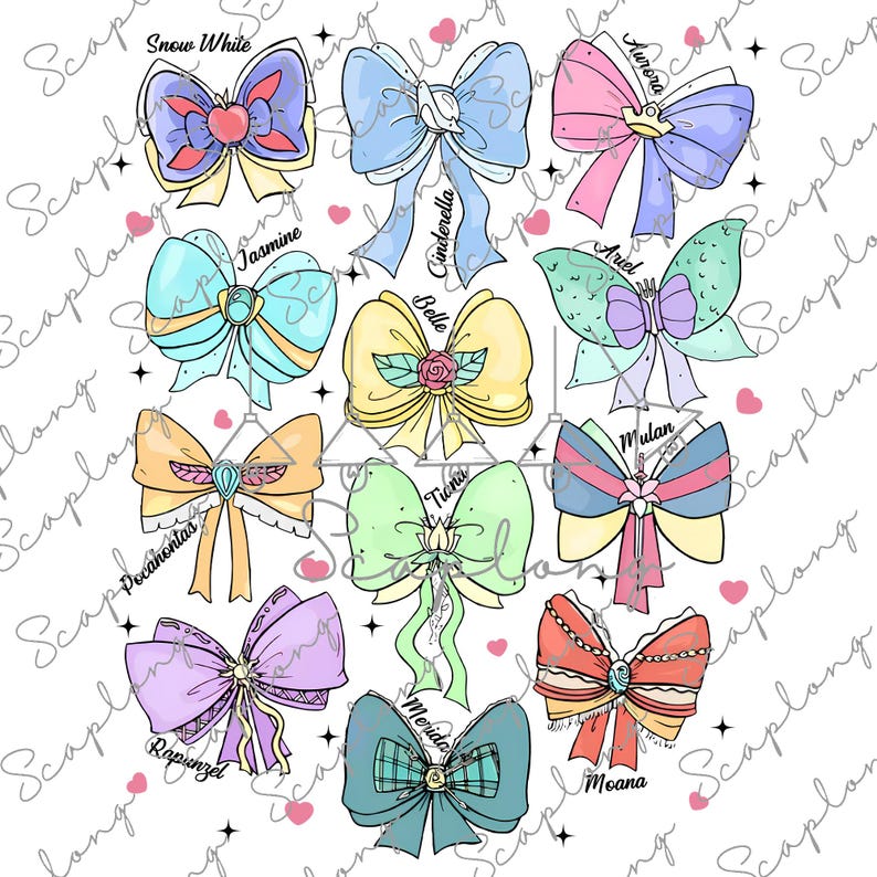 K&ouml;nnte beinhalten: Ein Set mit 12 bunten Schleifen, unter denen die Namen der Disney-Prinzessinnen stehen. Die Schleifen sind im Cartoon-Stil gezeichnet und haben unterschiedliche Designs und Farben.