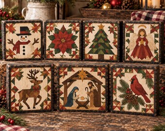 Christmas Barn Quilt Wood Block, Snowman Santa Cardinal Reindeer Wreath Wooden Block, Rustic Holiday Shelf Sitter,Christmas Table Decoration