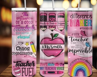 Personalized Pink Teacher 20oz Skinny Tumbler Png, Puffy Teacher Rainbow Tumbler, Teach Love Inspire, 3D Inflated Teacher Life Tumbler Wrap