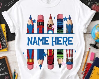 Superhero Kids Back to School Png, Custom Kids Boy Name Png, Teacher Pencil Png, Preppy First Day of School Png, Cartoon School Boy Png