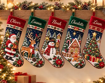 May include: Five personalized Christmas stockings hanging in a row. Each features a velvet cuff with names Oliver, Emma, Noah, Charlotte, and Liam embroidered in white. The stockings display festive scenes including Santa, a reindeer, a snowman, a gingerbread house, and a decorated Christmas tree.