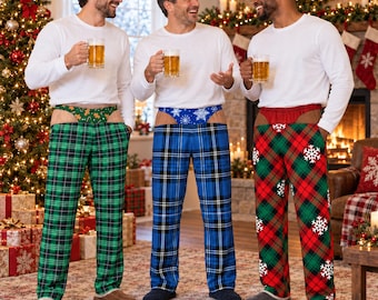 May include: Three long-sleeve white shirts paired with plaid pajama pants featuring an integrated thong-style waistband. The pants come in green, blue, and red plaid patterns, with the red pair featuring white snowflake accents.