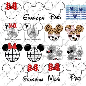 Puede incluir: Nueve archivos de corte SVG con forma de Mickey Mouse para manualidades. Cada archivo presenta un dise&ntilde;o diferente, incluyendo un lazo rojo, un globo terr&aacute;queo, un castillo y un estampado de leopardo. El texto "Disney Family Vacation 2023" aparece en dos de los archivos. El texto "Happiest Place on Earth" aparece en uno de los archivos. El texto "Family Vacation 2023" aparece en dos de los archivos. El texto "Grandpa", "Dad", "Grandma", "Mom", y "Pop" aparece en cinco de los archivos.
