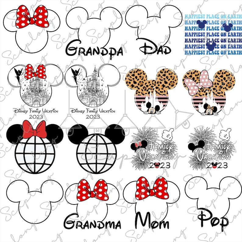 Puede incluir: Nueve archivos de corte SVG con forma de Mickey Mouse para manualidades. Cada archivo presenta un dise&ntilde;o diferente, incluyendo un lazo rojo, un globo terr&aacute;queo, un castillo y un estampado de leopardo. El texto "Disney Family Vacation 2023" aparece en dos de los archivos. El texto "Happiest Place on Earth" aparece en uno de los archivos. El texto "Family Vacation 2023" aparece en dos de los archivos. El texto "Grandpa", "Dad", "Grandma", "Mom", y "Pop" aparece en cinco de los archivos.