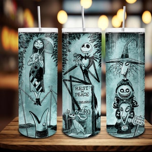 May include: Three stainless steel tumblers with white lids and straws. Each tumbler features a different black and white illustration from The Nightmare Before Christmas. The designs include Sally, Jack Skellington, and Lock, Shock, and Barrel.