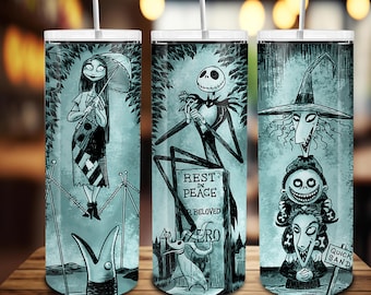 May include: Three stainless steel tumblers with white lids and straws. Each tumbler features a different black and white illustration from The Nightmare Before Christmas. The designs include Sally, Jack Skellington, and Lock, Shock, and Barrel.