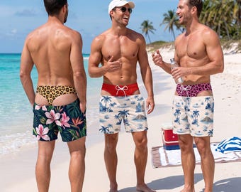 Costume da bagno da uomo personalizzato, pantaloncini da bagno su misura, costume da bagno da spiaggia con stampa di finta biancheria intima, regalo scherzoso estivo, abbigliamento per feste in piscina per lui