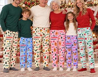 May include: A group of six people wearing matching long-sleeved shirts and personalized pajama pants with various holiday patterns including Christmas trees, snowmen, gingerbread men, reindeer, and Santa Claus faces with printed names.