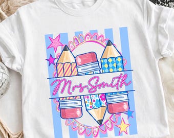 Custom Teacher Name Png, Striped Teacher Pencil Png, Preppy Back To School Png, 1st Day of School Png, Teacher Appreciation, School Girl Png