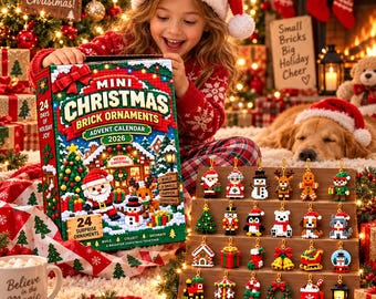 May include: A Mini Christmas Brick Ornaments Advent Calendar 2026 box featuring a festive house graphic, alongside a wooden display stand holding 24 small, colorful, buildable brick ornaments including Santa, reindeer, and holiday icons.
