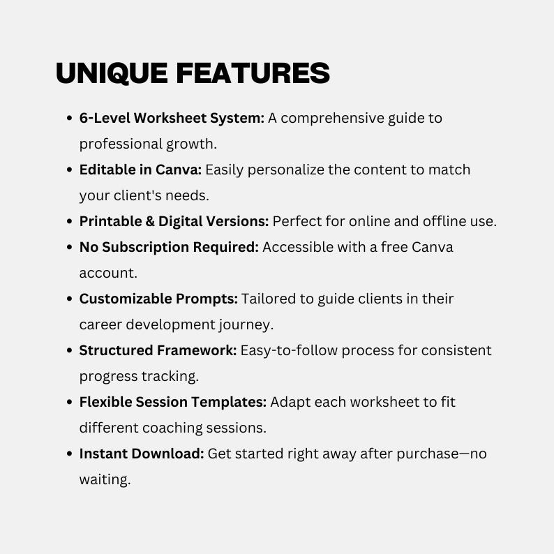 May include: A white background with the words "UNIQUE FEATURES" in bold black text. Bullet points list features of a worksheet system, including editability in Canva, printable versions, and instant download.