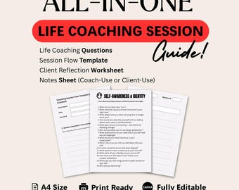 Life Coaching Questions, Session Flow, Client Worksheet (Canva Editable, PDF Printable)