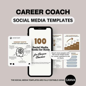 Plantillas de redes sociales para coaching profesional 50 plantillas editables de Canva 100 ganchos de redes sociales para Reels para impulsar el crecimiento de la participación del cliente