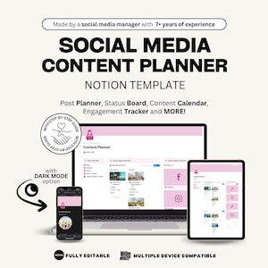 Notion Template Social Media Content Planner Post Planner Status Board Content Calendar Engagement Tracker and Dark Mode Option