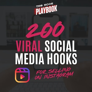 May include: A smartphone screen displaying the text "200 Viral Social Media Hooks for Selling on Instagram" with a red and white "The Hook Playbook" logo at the top. The phone is being held by a hand with a red and white play button icon in the lower left corner.