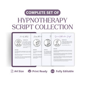 May include: A complete set of hypnotherapy script collection displayed on a tablet. The scripts are titled "Anxiety Relief", "Deep Relaxation", and "General Relaxation Script". The image includes the text "A4 Size", "Print Ready", and "Canva Fully Editable".