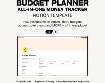 Plantilla de planificador de presupuesto de Notion: seguimiento de dinero, ingresos, gastos, deudas y más.
