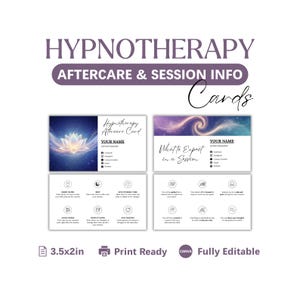 Può includere: Biglietti bianchi con la scritta "HYPNOTHERAPY AFTERCARE & SESSION INFO Cards". I biglietti includono un fiore di loto e un design galattico. I biglietti misurano 8,89 x 5,08 cm e sono pronti per la stampa.