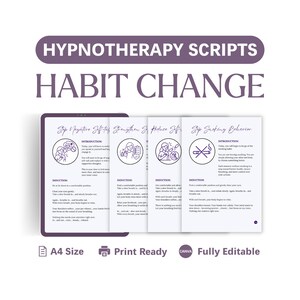 Puede incluir: Un conjunto de cuatro guiones de hipnoterapia para el cambio de hábitos, mostrados como páginas digitales con texto e iconos de color morado. El documento incluye secciones tituladas Stop Negative Self-talk, Strengthen Self, Reduce Self-doubt y Stop Smoking Behavior en tamaño A4.