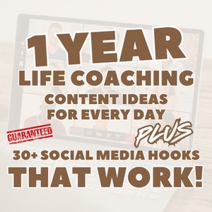 May include: A laptop screen displaying a digital marketing offer for a year's worth of life coaching content ideas, guaranteed to provide daily inspiration. The offer also includes 30+ social media hooks to help you grow your business.