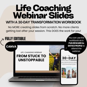 Life Coaching Webinar Slide Deck and 30-Day Transformation Workbook With Editable Canva Templates for Client Sessions and Goal Setting