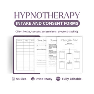 Puede incluir: Una tableta digital que muestra un conjunto de formularios imprimibles para hipnoterapia. Los formularios incluyen admisión, consentimiento y gráficos de hitos del cliente. El texto de la imagen dice "HYPNOTHERAPY INTAKE AND CONSENT FORMS" y "A4 Size, Print Ready, Fully Editable."