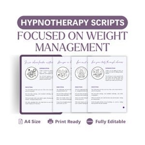 Puede incluir: Un conjunto de cuatro guiones de hipnoterapia digitales centrados en el control de peso, mostrados en una pantalla de tableta. El documento presenta texto morado, iconos de arte lineal y encabezados como Inner cheerleader motivation.