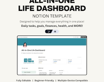 Modello Notion: dashboard completa per il monitoraggio degli obiettivi, la gestione del budget, la salute e le attività.
