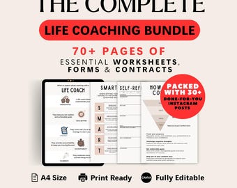 Life Coaching Afdrukbare bundel met 70+ bewerkbare pdf-werkbladen Formulieren Contracten voor klanten | Sjablonen intake-tracking doelen stellen